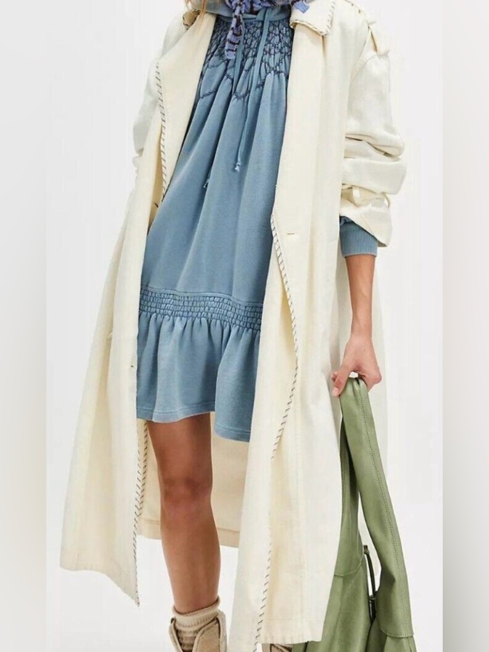 New Free People XS Marty Smocked Mini Sweatshirt Dress Hoodie Blue NWOT $198 - Picture 5 of 8